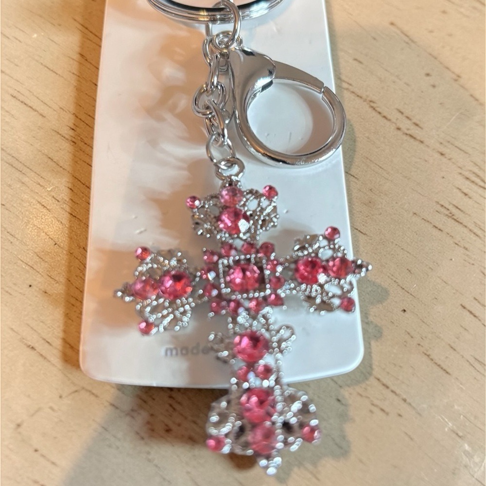 Pink Rhinestone Filigree Cross Keychain Silver Tone Bag Charm